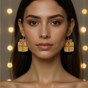 Elegant Hand Crafted Gold and Red Gift Box Beaded Earrings